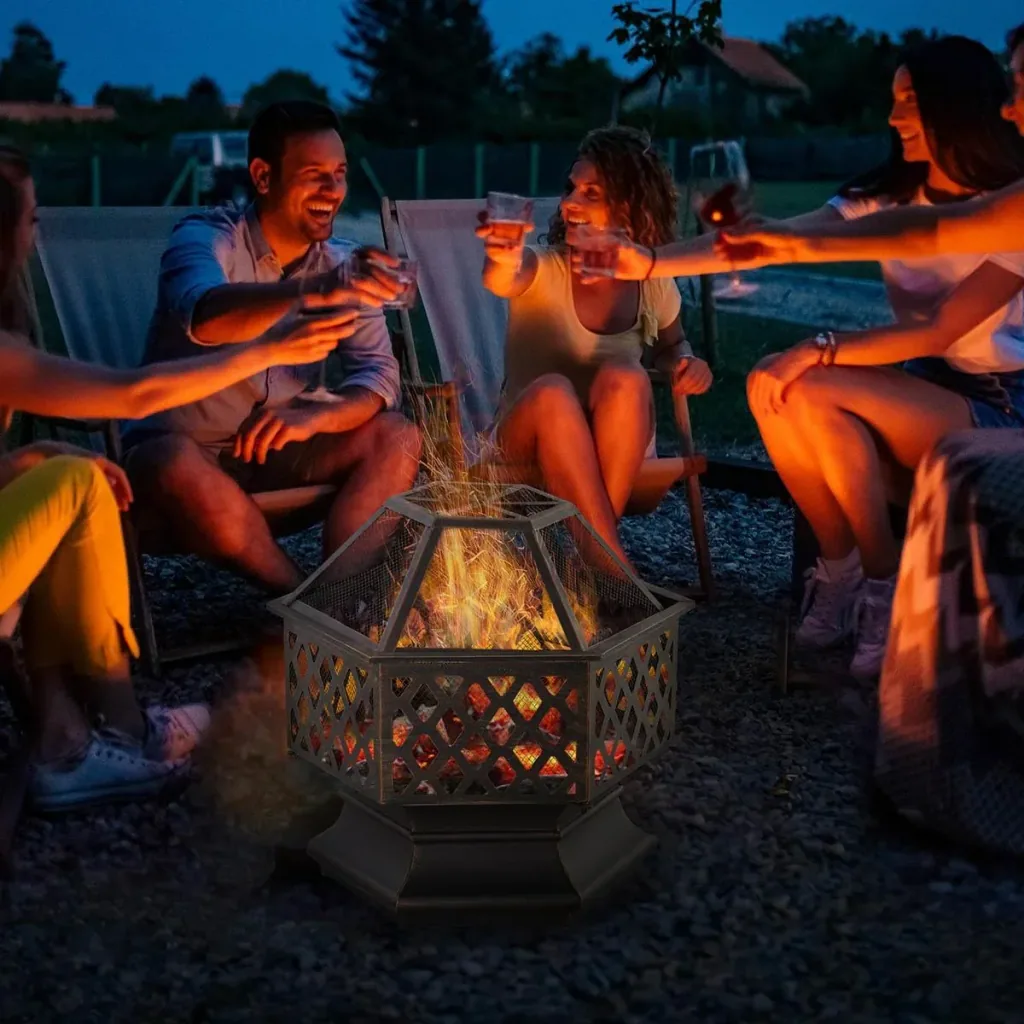 Feuerschale Feuerstelle mit Funkenschutz & Grillrost Feuerkorb Outdoor für Heizung BBQ Garten Terrase vintage Metall Bro
