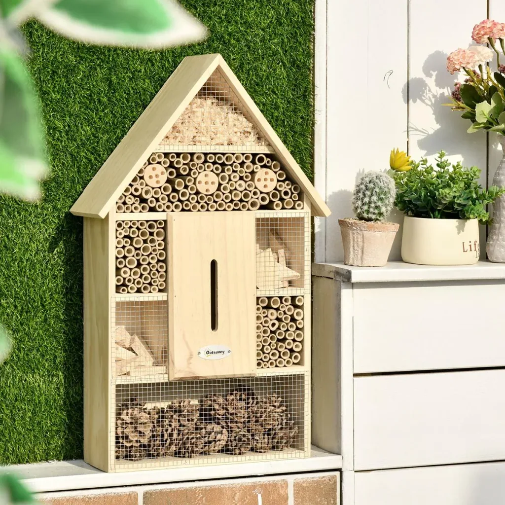 Insektenhotel Insektenhaus mit 5 Etagen Metallgitter Bienenhotel aus natürlichen Materialien für Käfer Bienen Wespen und