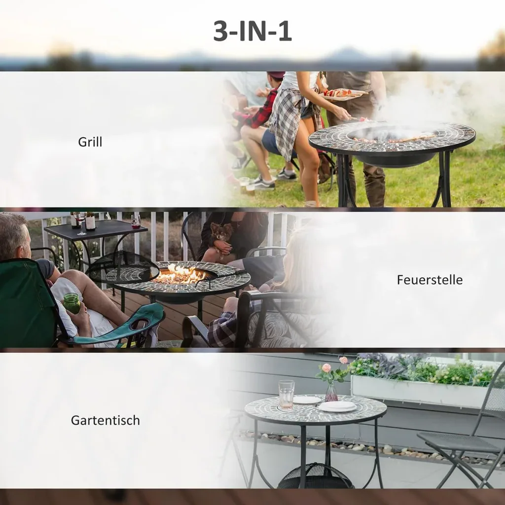 Feuertisch Gartentisch mit Feuerschale Feuerstelle mit Funkenschutz & Grillrost Feuerkorb Outdoor für Heizung BBQ Garten