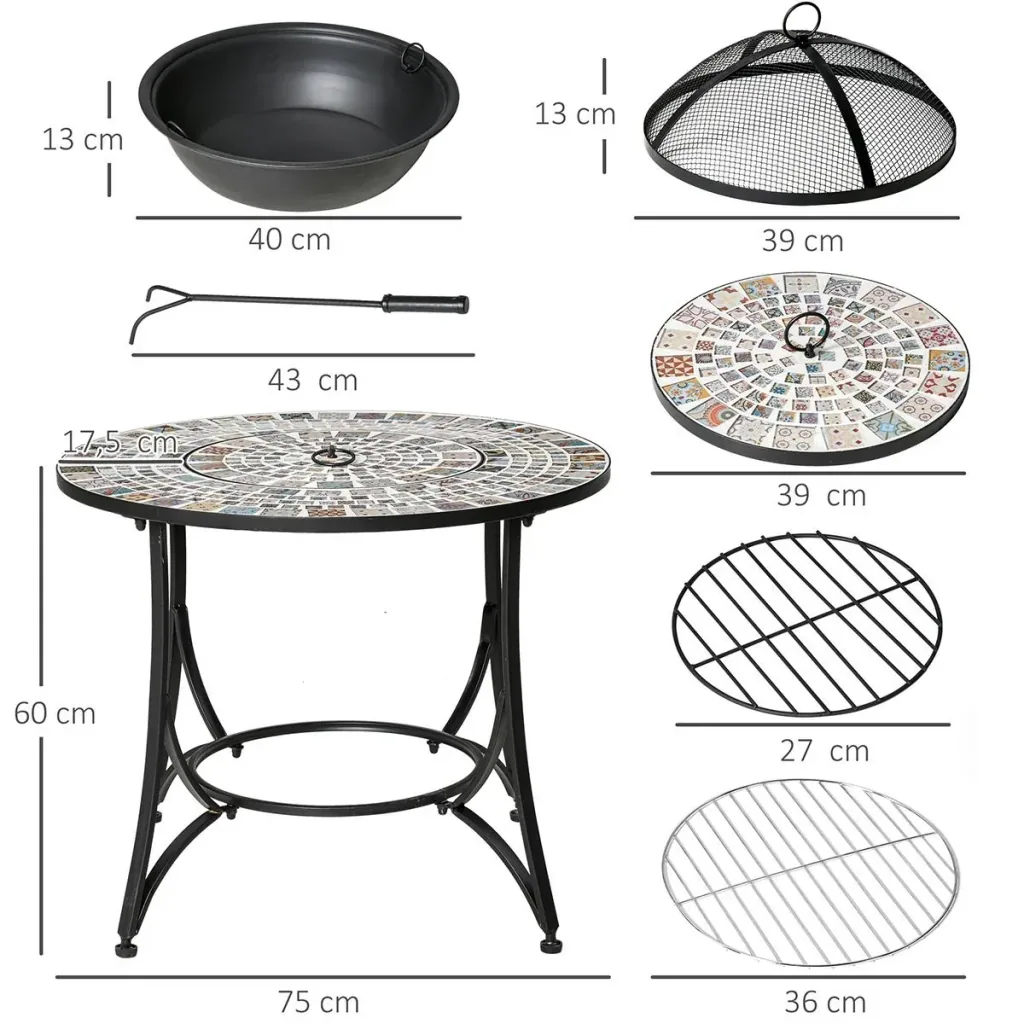 Feuertisch Gartentisch mit Feuerschale Feuerstelle mit Funkenschutz & Grillrost Feuerkorb Outdoor für Heizung BBQ Garten