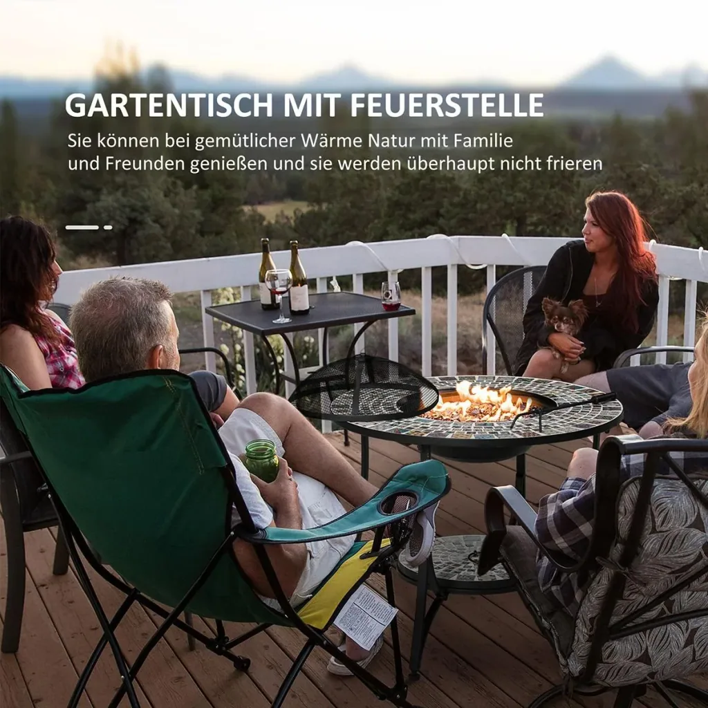 Feuertisch Gartentisch mit Feuerschale Feuerstelle mit Funkenschutz & Grillrost Feuerkorb Outdoor für Heizung BBQ Garten