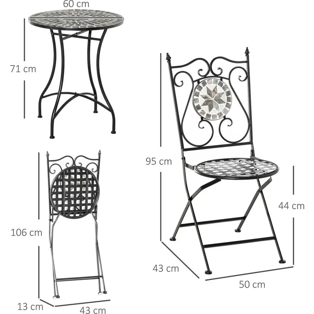 Garten Sitzgruppe 3-teilige Mosaiktisch Essgruppe Gartenmöbel-Set 1 Tisch+2 faltbare Stühle Garten Metall Keramikfliese
