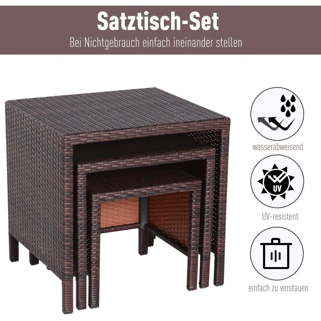 Beistelltisch 3er Set Couchtisch Gartentisch Satztisch Balkontisch Polyrattan Braun