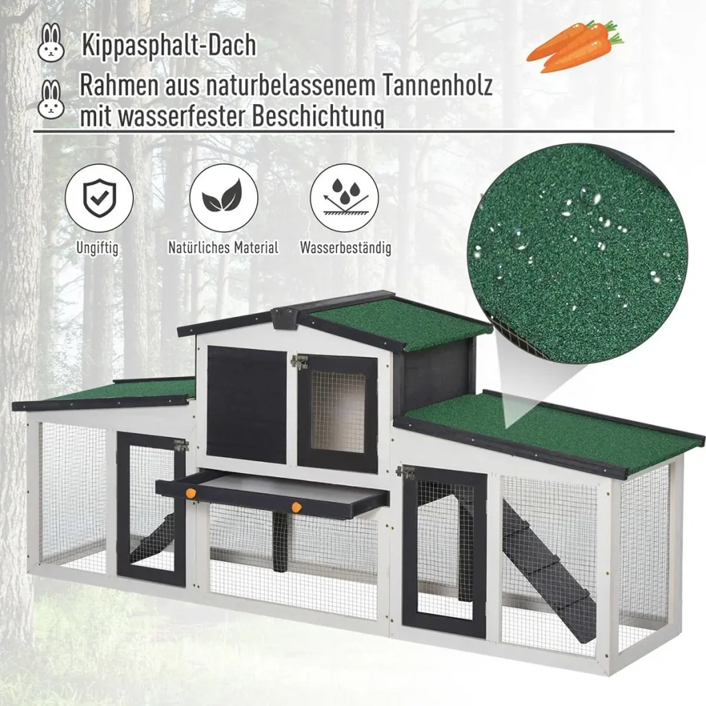 Kaninchenstall, Doppelstöckiger Kaninchenstall, Hasenkäfig mit Asphaltdach und Freigehege, Massivholz, Dunkelgrau+Weiß,
