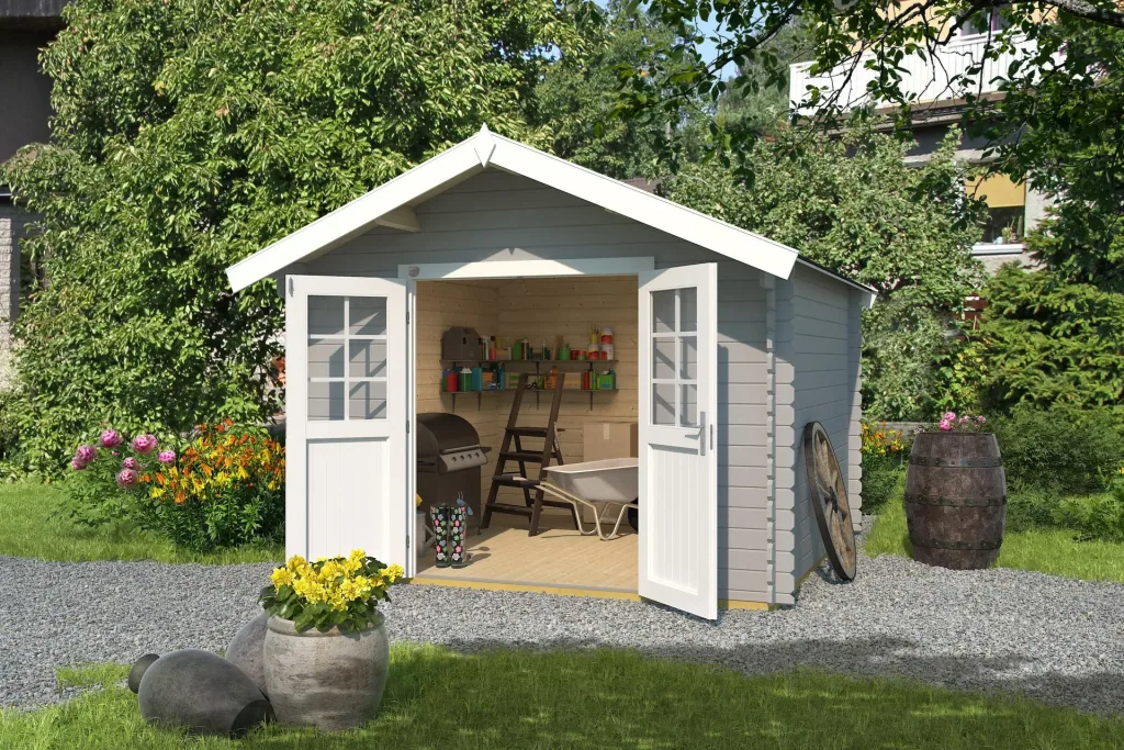 Gartenhaus 209 Gr. 3, 333 x 360 x 261 cm in Farbe hellgrau mit Doppeltür