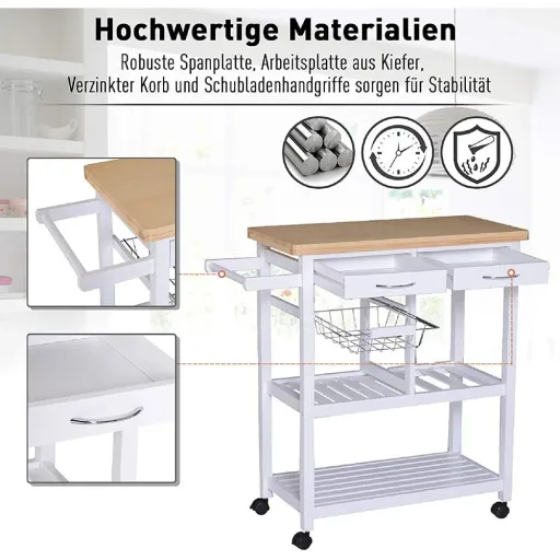 Servierwagen Küchenwagen Küchenrollwagen mit Rollen Korb Schubladen aus Holz weiß