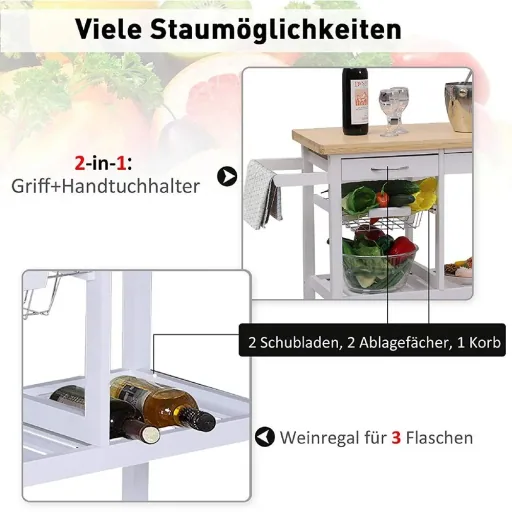 Servierwagen Küchenwagen Küchenrollwagen mit Rollen Korb Schubladen aus Holz weiß