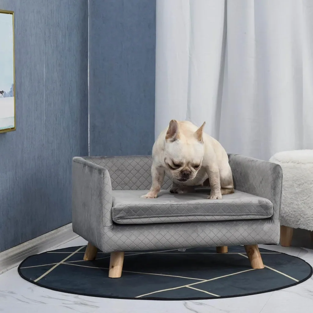 Hundesofa mit Holzbeinen Hundebett Haustiersofa Hundematte für kleine Hunde bis zu 11,25 kg Samt-Touch Grau 64 x 45 x 36