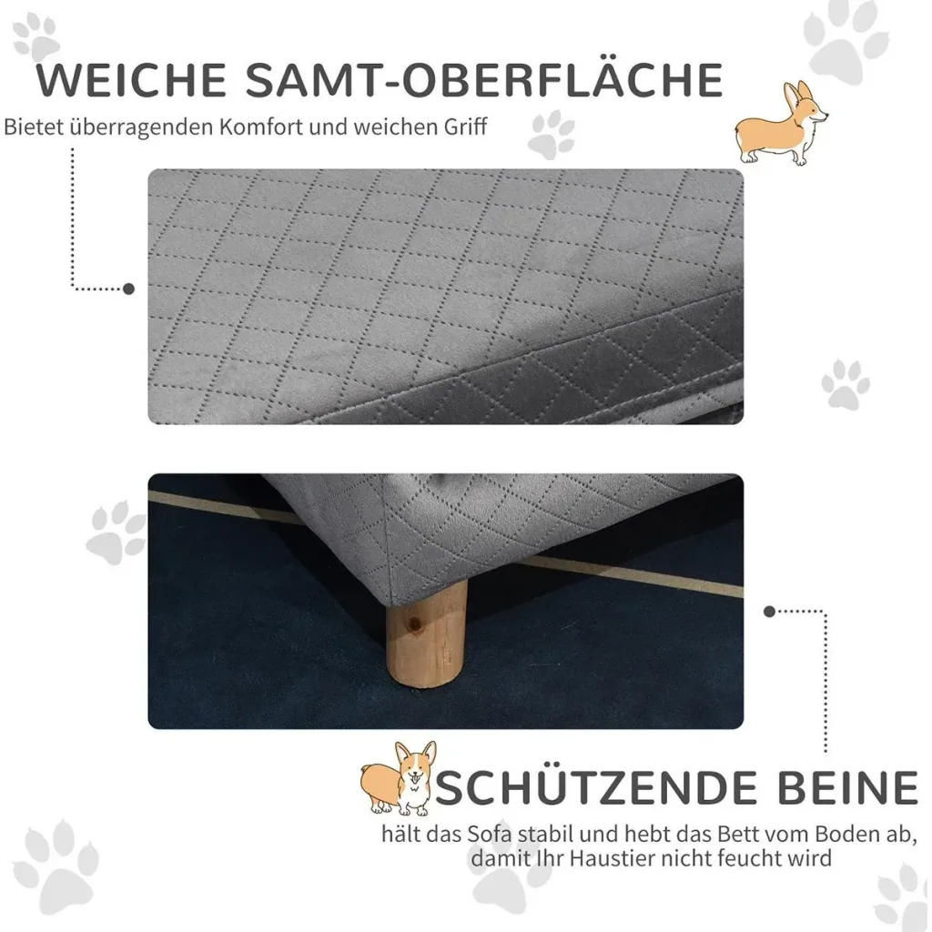 Hundesofa mit Holzbeinen Hundebett Haustiersofa Hundematte für kleine Hunde bis zu 11,25 kg Samt-Touch Grau 64 x 45 x 36