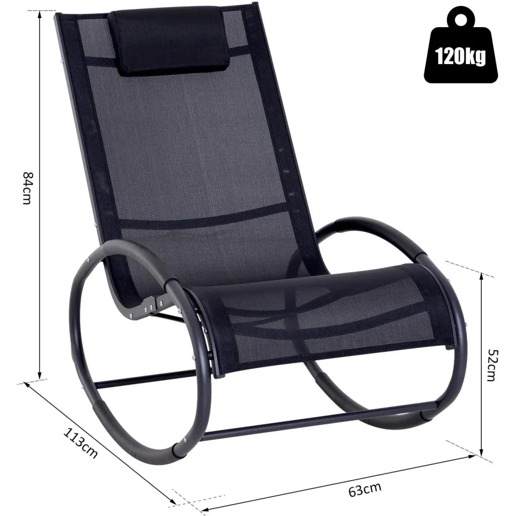 Schaukelstuhl Schaukelliege Gartenliege Schwungliege mit Kopfkissen wetterfest Aluminium Schwarz bis 120 kg 113 x 63 x 8