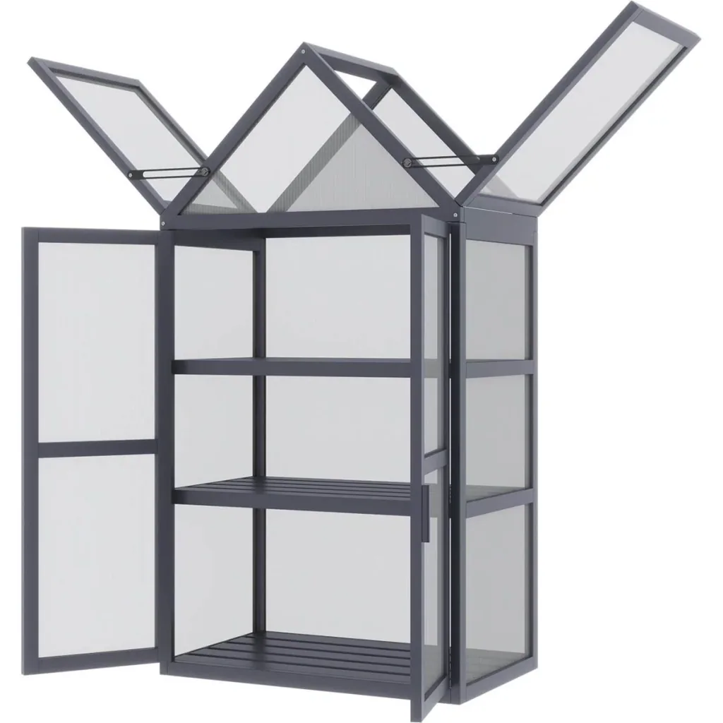 Gewächshaus mit 3 Etagen, Massivholz, Polycarbonatgehäuse, grau, 70,5 x 42 x 132 cm