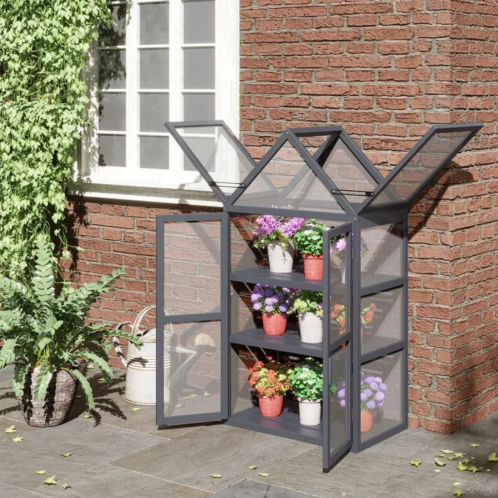 Gewächshaus mit 3 Etagen, Massivholz, Polycarbonatgehäuse, grau, 70,5 x 42 x 132 cm