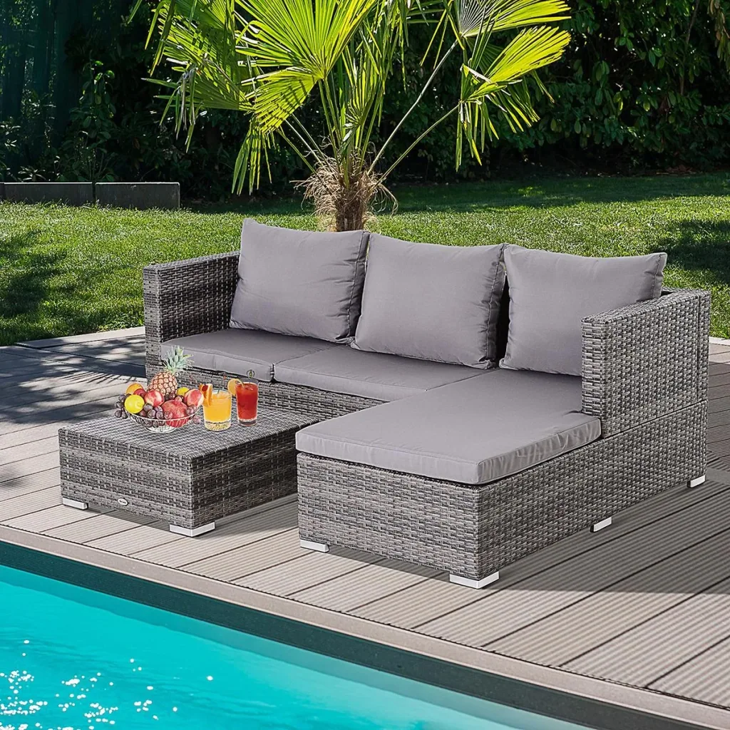 Dreiteiliges Gartenmöbel Set, Sofa, Beistelltisch mit Stauraum, 5-Stufig Rückenlehne, PE-Rattan, Grau, (Sofa) 130 x 64 x