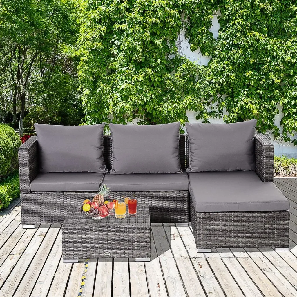Dreiteiliges Gartenmöbel Set, Sofa, Beistelltisch mit Stauraum, 5-Stufig Rückenlehne, PE-Rattan, Grau, (Sofa) 130 x 64 x