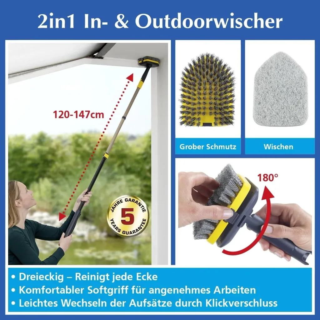 2 in 1 In- und Outdoor-Wischer, mit Teleskopstiel und 2 Aufsätzen
