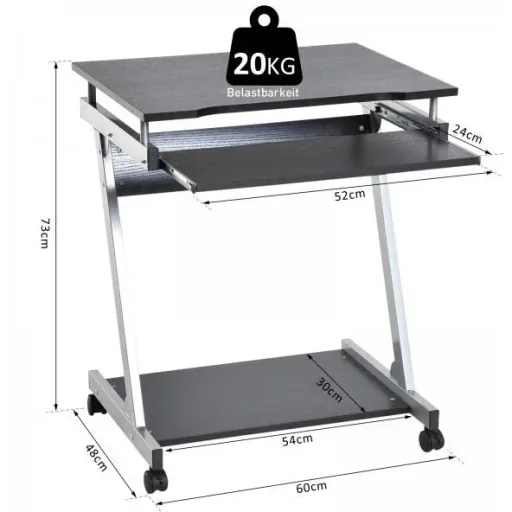Schreibtisch Computertisch Bürotisch Rollbar mit Tastaturauszug Spanplatte, Stahl Schwarz