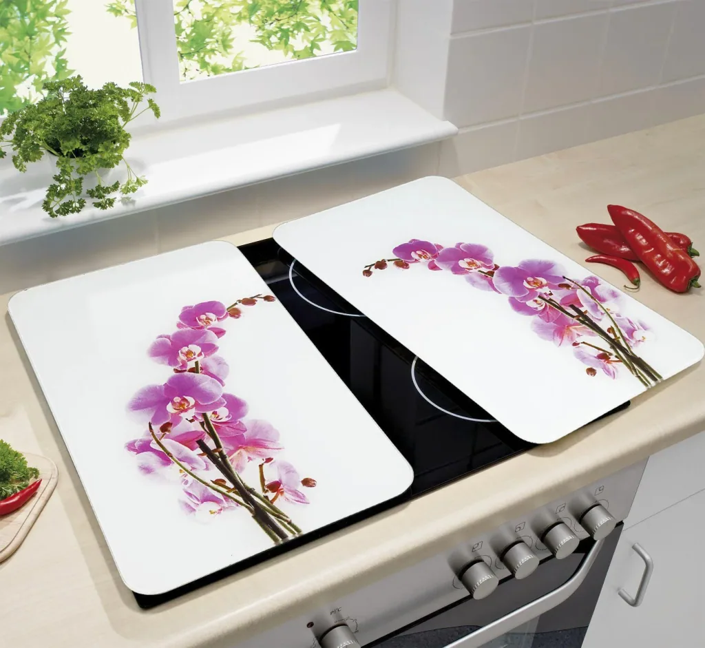3 in 1 Herd-Abdeckplatten, Schneidbretter, Arbeitsplatten, Glas, Orchideen-Design, je 52 x 30 cm, 2er-Set
