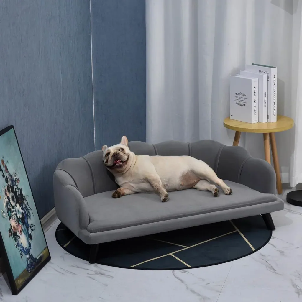 Hundesofa mit Rückenlehne Haustiersofa mit Holzbeinen Hundebett Weichem Bezug, Katzensofa Dunkelgrau 98,5x60,5x35,5 cm