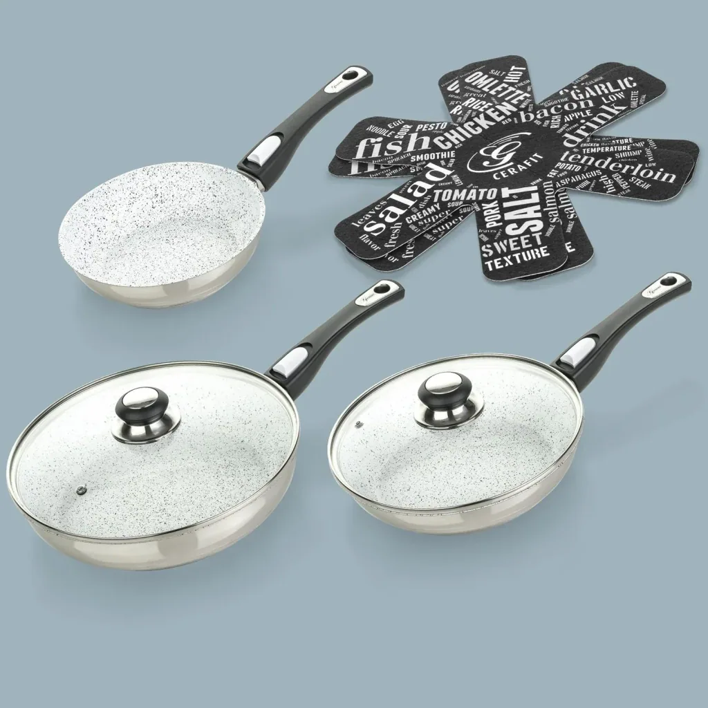Pfannen-Set Cerafit Mont Blanc mit Klick-Griff, 7-teilig - Edelstahlpfannen mit Keramik Spezial-Antihaftbeschichtung