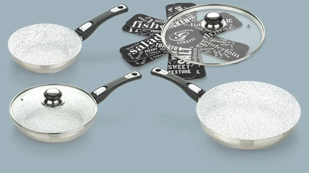 Pfannen-Set Cerafit Mont Blanc mit Klick-Griff, 7-teilig - Edelstahlpfannen mit Keramik Spezial-Antihaftbeschichtung