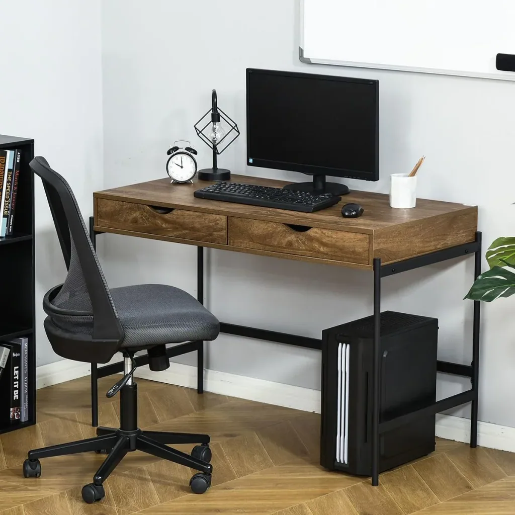 Computertisch Industriestil Schreibtisch Bürotisch mit Schubladen Home-Office Tisch MDF Metall Braun+Schwarz 110 x 55 x