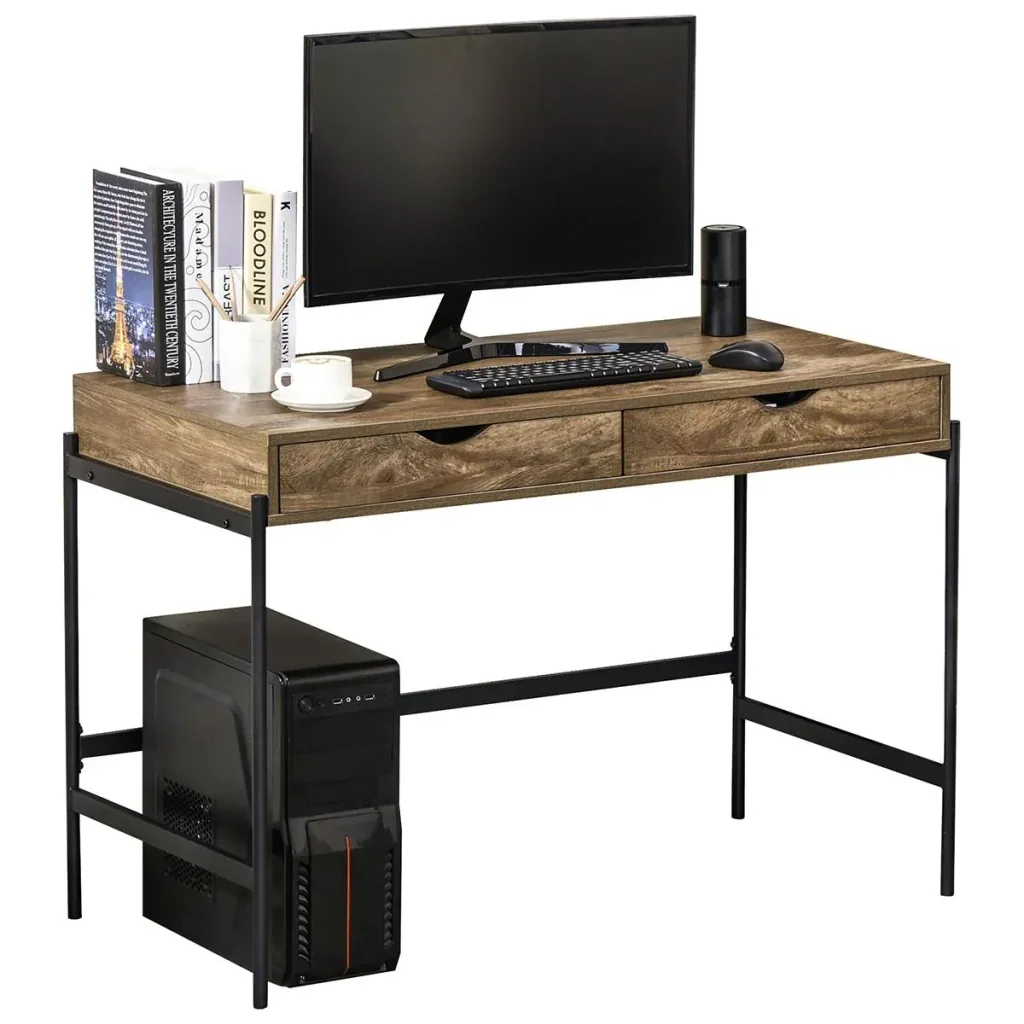 Computertisch Industriestil Schreibtisch Bürotisch mit Schubladen Home-Office Tisch MDF Metall Braun+Schwarz 110 x 55 x