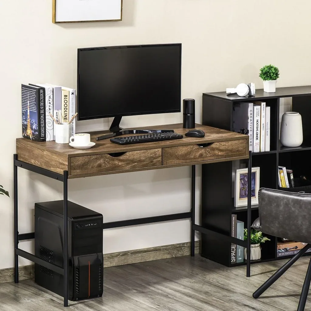Computertisch Industriestil Schreibtisch Bürotisch mit Schubladen Home-Office Tisch MDF Metall Braun+Schwarz 110 x 55 x