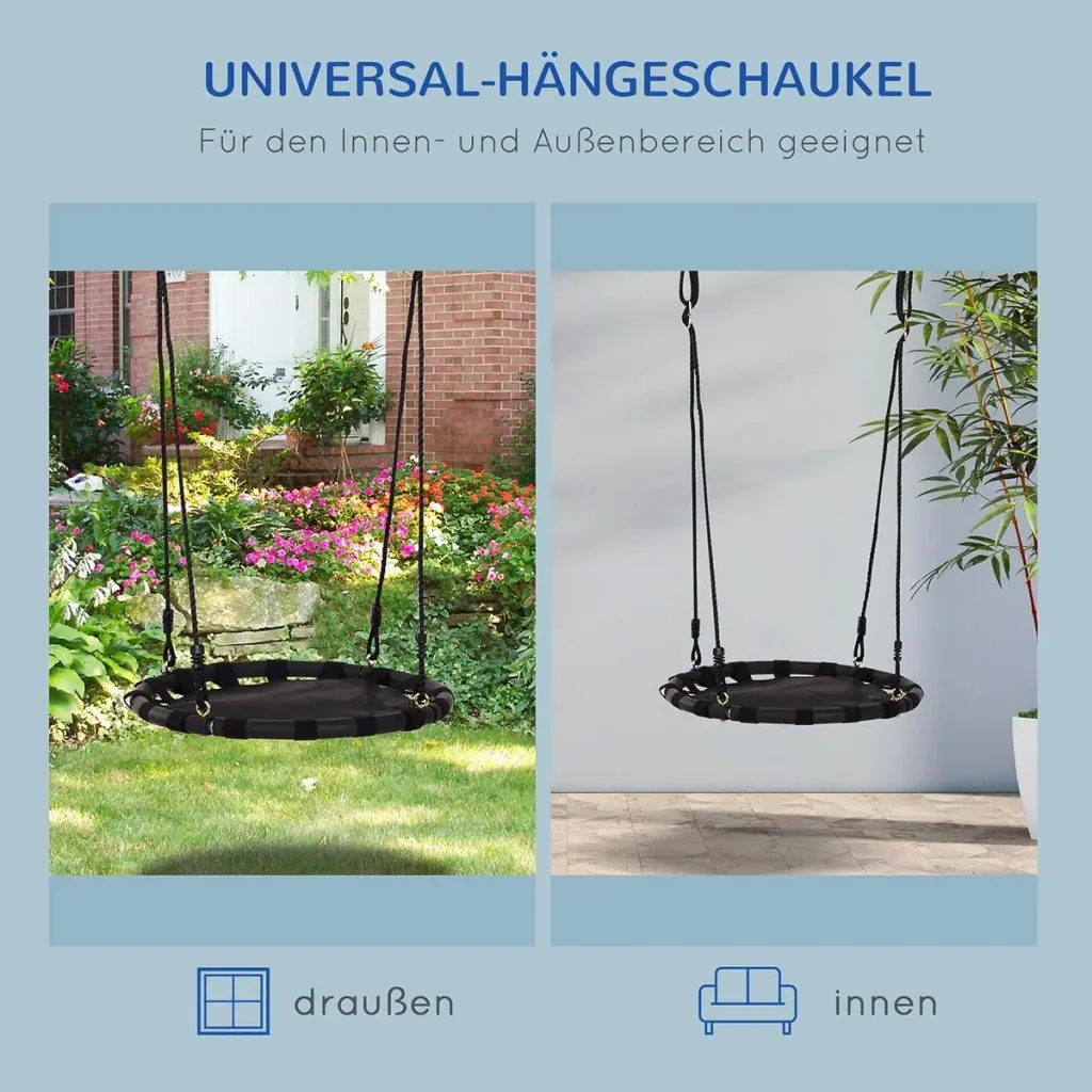 Nestschaukel Tellerschaukel Kinderschaukel Kinder Rundschaukel bis 100 kg belastbar Metall Netzgewebe Schwarz Ø60 cm