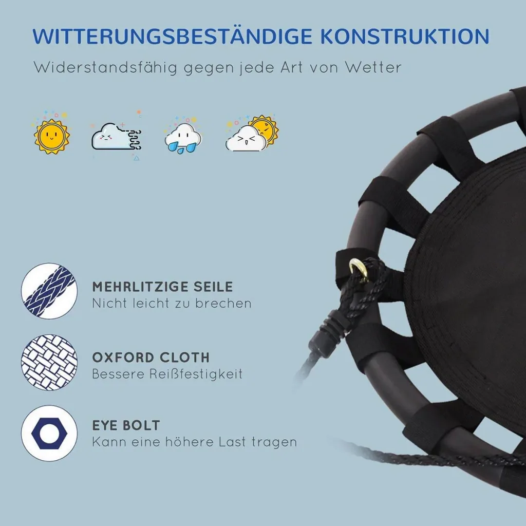 Nestschaukel Tellerschaukel Kinderschaukel Kinder Rundschaukel bis 100 kg belastbar Metall Netzgewebe Schwarz Ø60 cm