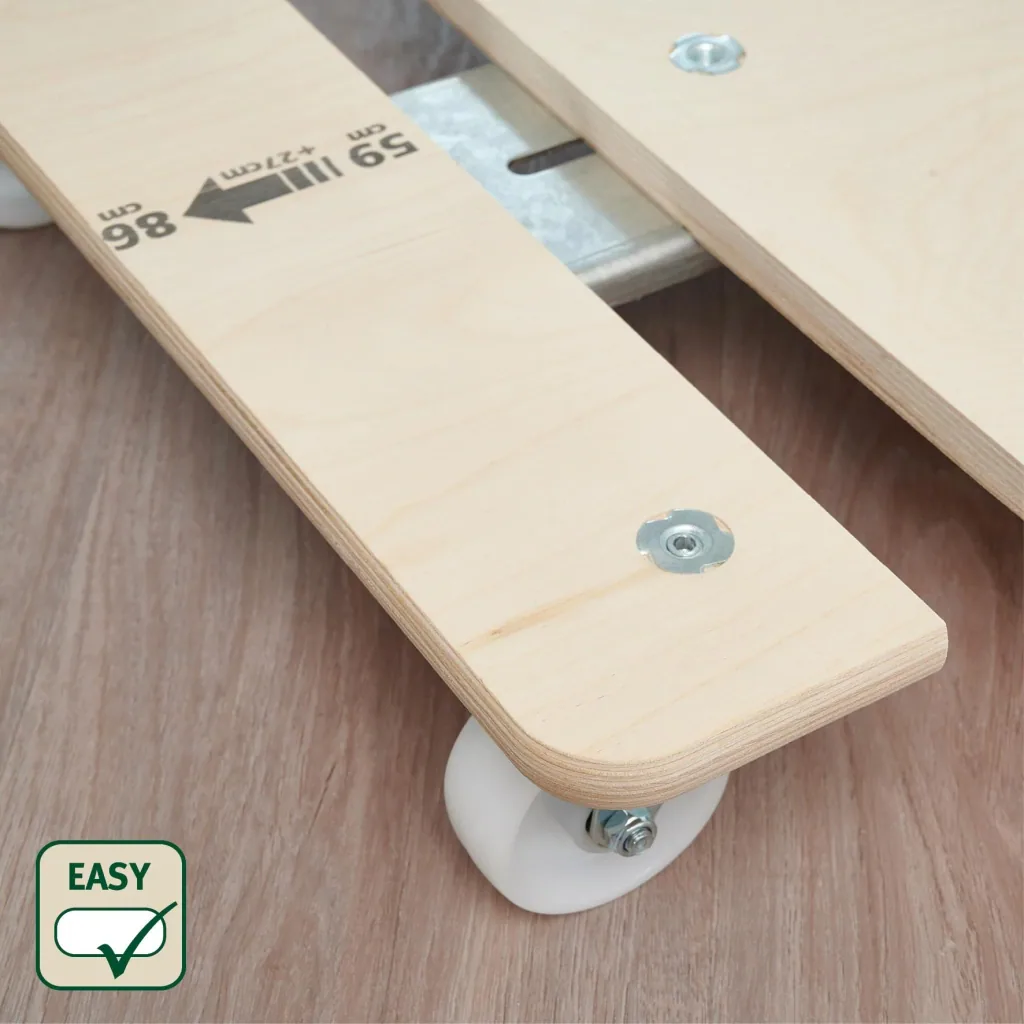 Transporthilfe MM 1332, 59-86 x 49 x 11 cm ausziehbar, harte Rollen Ø 75 mm, Rollenlager, Birke FSC®, Tragkraft 200 kg