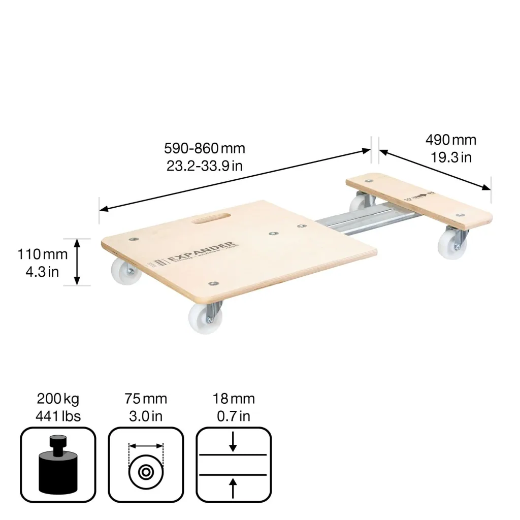 Transporthilfe MM 1332, 59-86 x 49 x 11 cm ausziehbar, harte Rollen Ø 75 mm, Rollenlager, Birke FSC®, Tragkraft 200 kg
