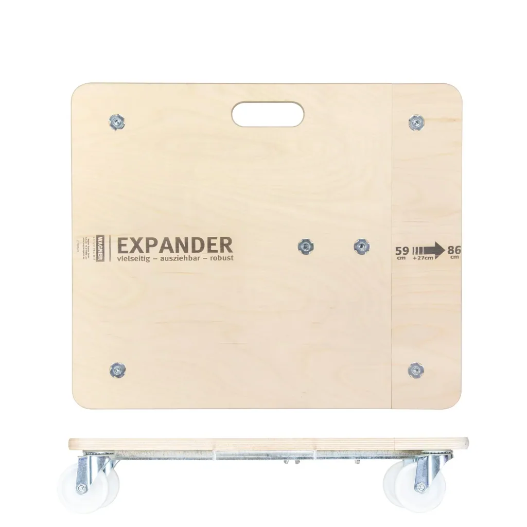Transporthilfe MM 1332, 59-86 x 49 x 11 cm ausziehbar, harte Rollen Ø 75 mm, Rollenlager, Birke FSC®, Tragkraft 200 kg