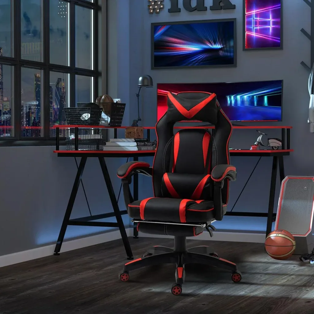 Gaming-Stuhl Bürostuhl Drehstuhl Chefsessel mit Fußstütze Rückenlehne Kissen verstellbar Kunstleder Rot+Schwarz 65x64x11