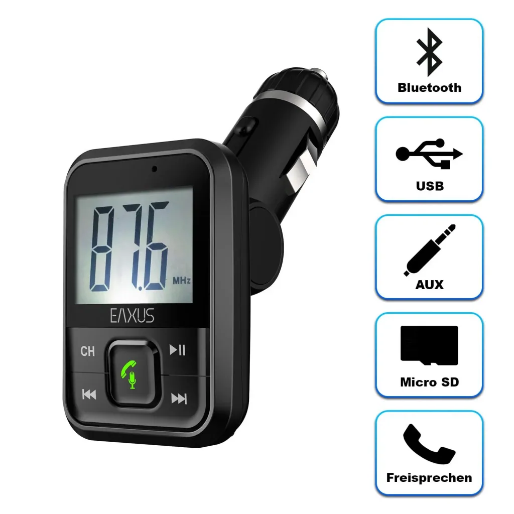 Bluetooth FM Transmitter mit Freisprechfunktion + USB Kfz Ladegerät mit Nothammer