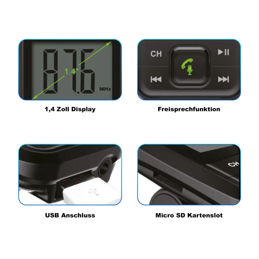 Bluetooth FM Transmitter mit Freisprechfunktion + USB Kfz Ladegerät mit Nothammer