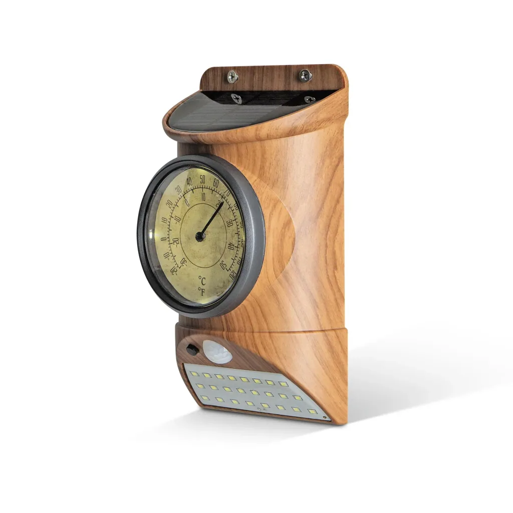 Solar Leuchte mit Thermometer und Bewegungsmelder in Holzoptik