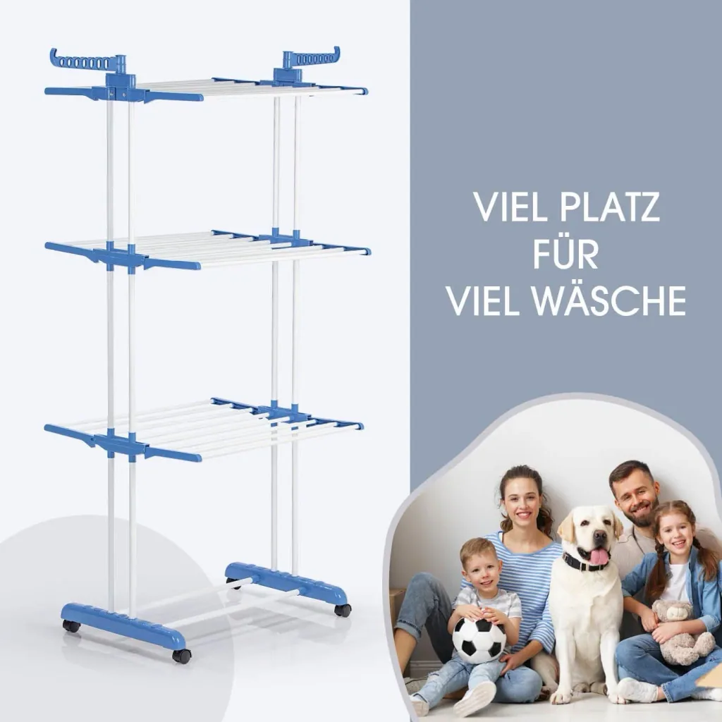 Wäscheständer, mit 3 Ebenen und 2 Seitenflügeln, klappbar, Trockenfläche 17,5 Meter, 63 x 76 x 173 cm