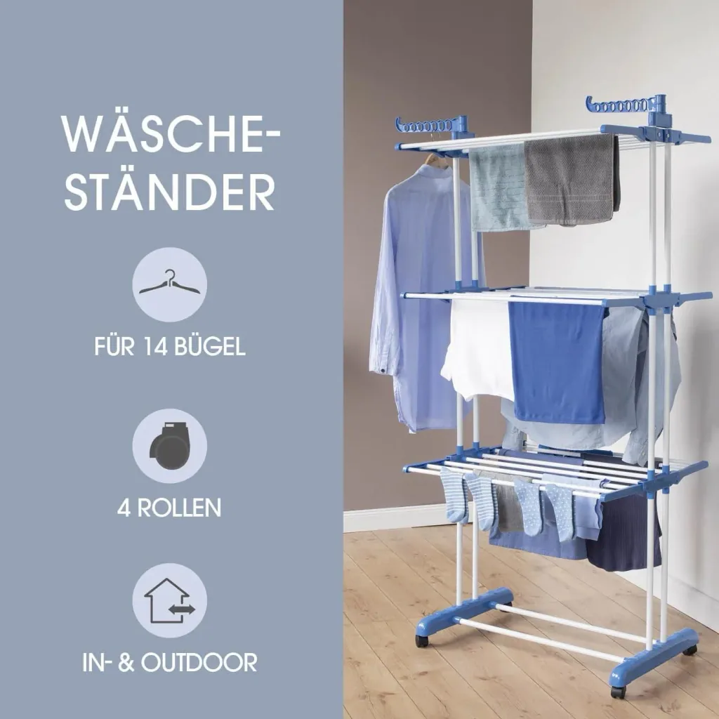Wäscheständer, mit 3 Ebenen und 2 Seitenflügeln, klappbar, Trockenfläche 17,5 Meter, 63 x 76 x 173 cm