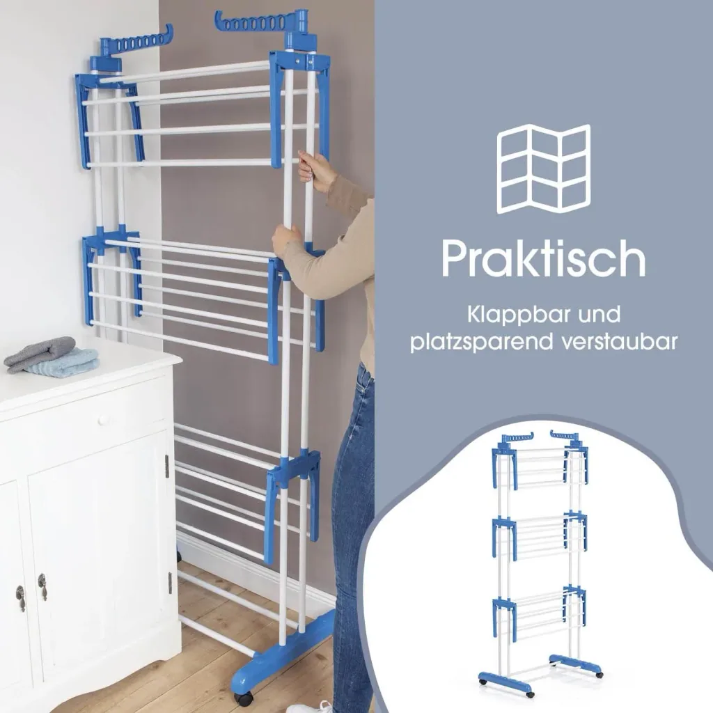 Wäscheständer, mit 3 Ebenen und 2 Seitenflügeln, klappbar, Trockenfläche 17,5 Meter, 63 x 76 x 173 cm