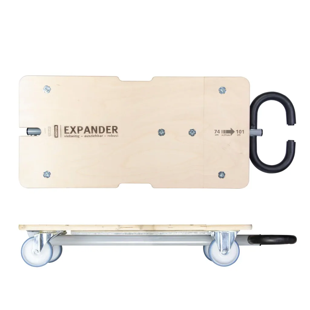 Transporthilfe MM 1333, 74-101 x 37 x 14,5 cm, softe Rollen Ø 100 mm, Rollenlager, 2 Bremsen, FSC®, Tragkraft 200 kg