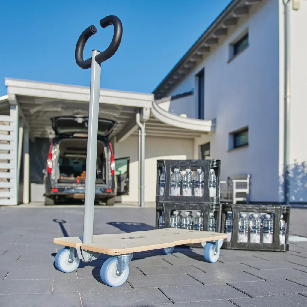 Transporthilfe MM 1333, 74-101 x 37 x 14,5 cm, softe Rollen Ø 100 mm, Rollenlager, 2 Bremsen, FSC®, Tragkraft 200 kg