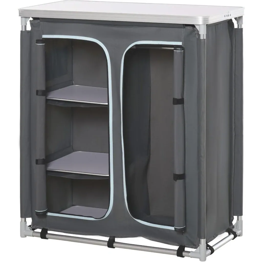 2in1Campingtisch mit Arbeitsplatte und Fächern grau