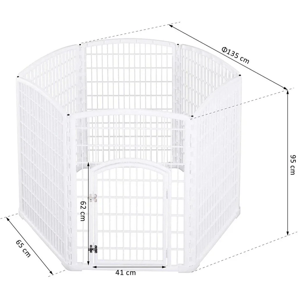 Welpengitter Freilaufgehege Laufstall für Haustiere mit Tür 6 Teile sechseckig PP-Kunststoff rostfrei Weiß Ø135 x H95 cm