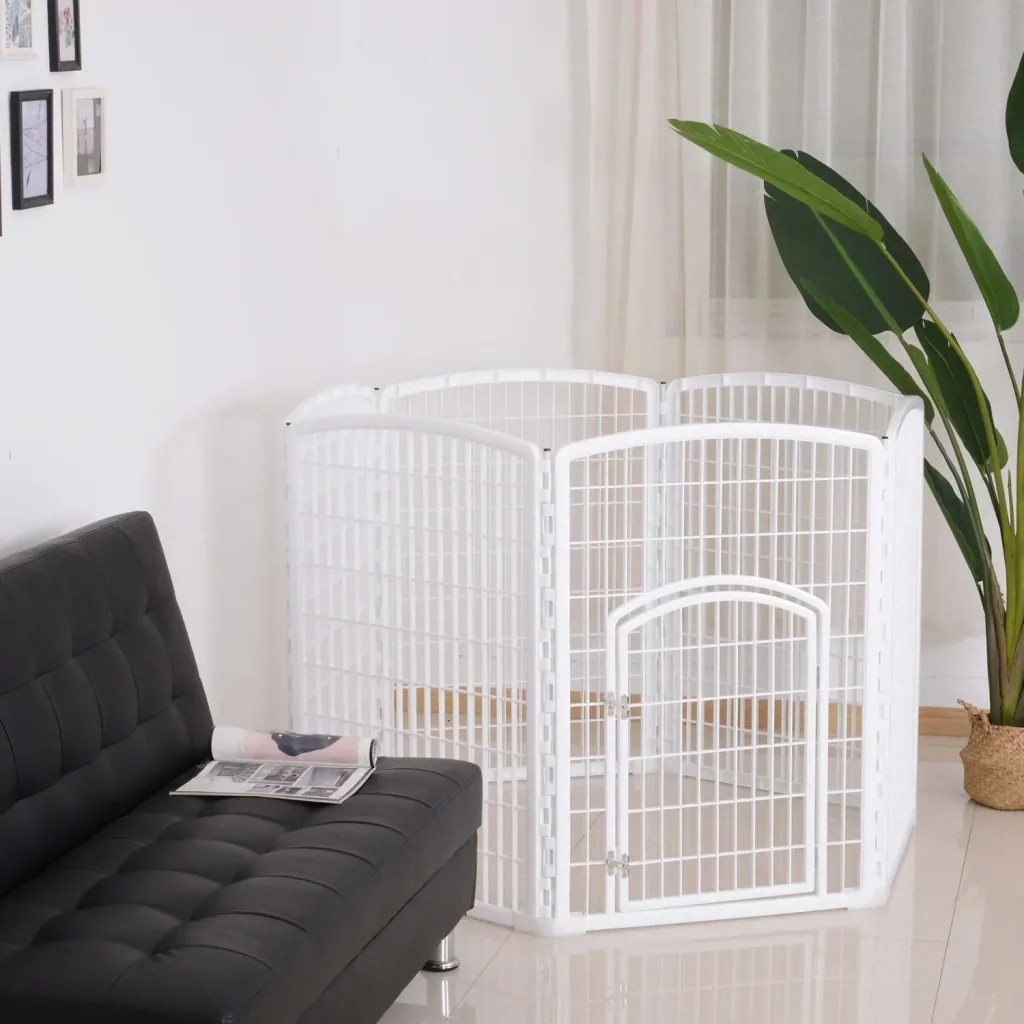 Welpengitter Freilaufgehege Laufstall für Haustiere mit Tür 6 Teile sechseckig PP-Kunststoff rostfrei Weiß Ø135 x H95 cm