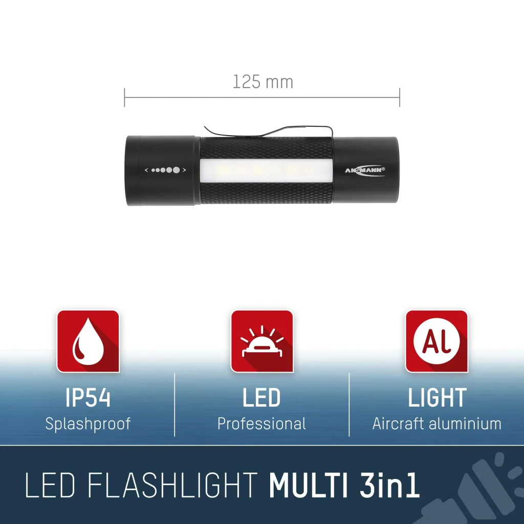 Multifunktionstaschenlampe 3in1 - fokussierbare Taschenlampe, Arbeitsleuchte und Signalleuchte