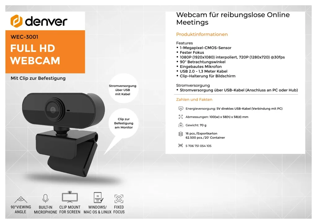 Webcam mit 1 Megapixel Sensor, eingebautem Mikrofon und Monitor Clip
