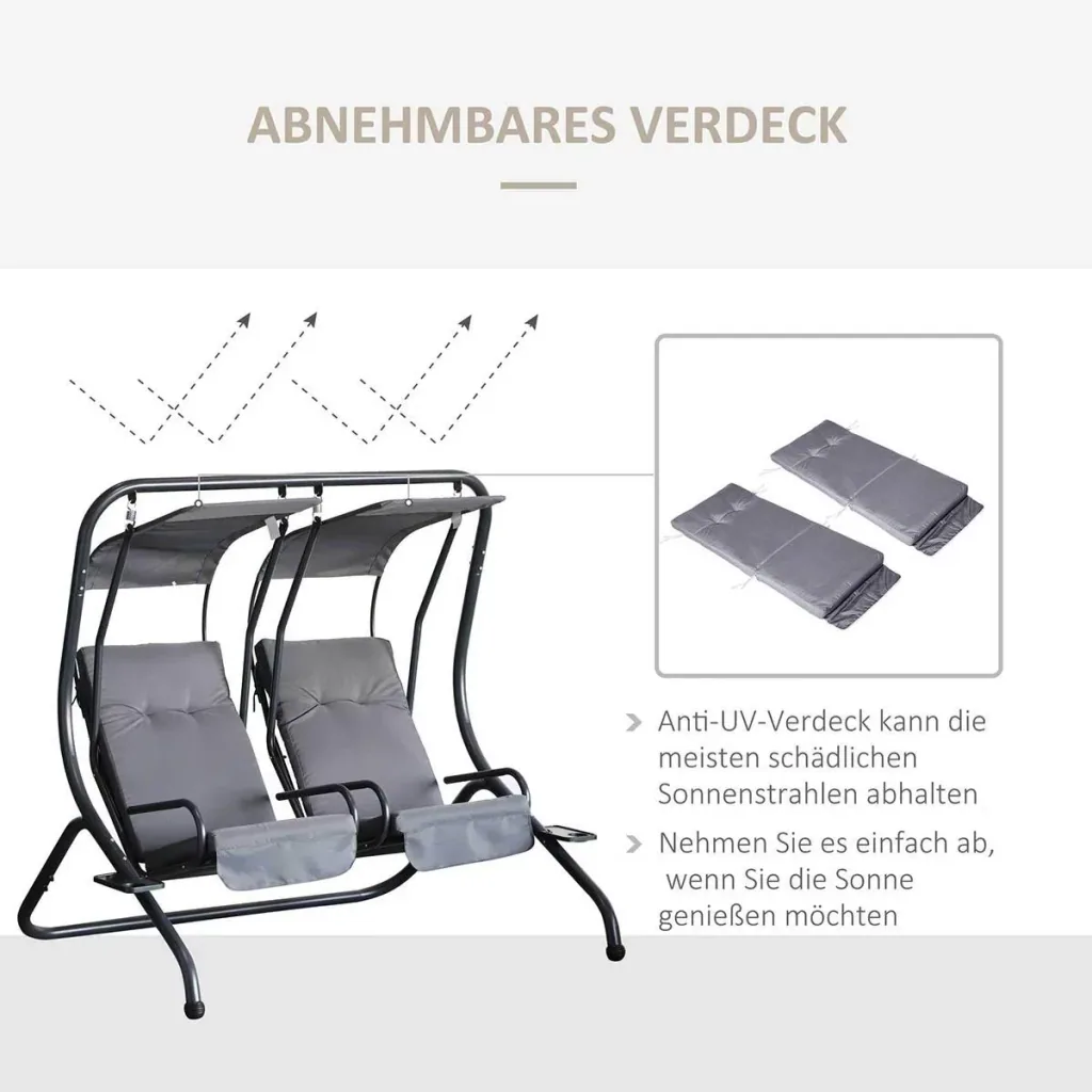 2 Sitzer Hollywoodschaukel Gartenschaukel mit Sonnendach Gartenstuhl Sitz mit Sprühbaumwolle Oxfordstoff PE-Beschichtung