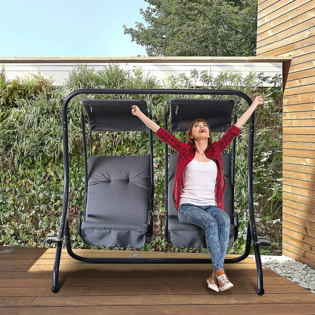 2 Sitzer Hollywoodschaukel Gartenschaukel mit Sonnendach Gartenstuhl Sitz mit Sprühbaumwolle Oxfordstoff PE-Beschichtung