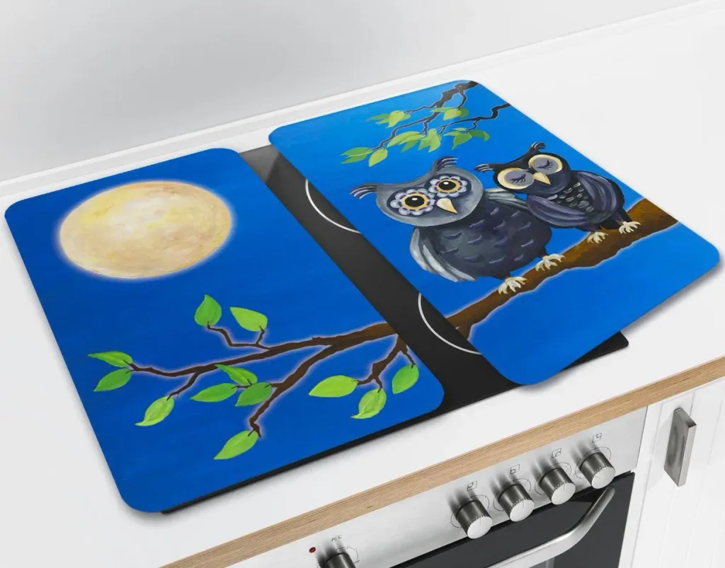 3 in 1 Herd-Abdeckplatten, Schneidbretter, Arbeitsplatten, Glas, Eulen-Design, je 52 x 30 cm, 2er-Set
