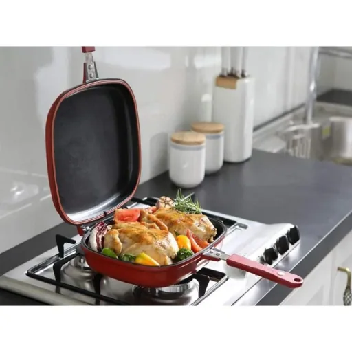 Doppelpfanne / Grillpfanne - 32 cm - Aluminiumguss - Wendegrillpfanne - bordeauxrot